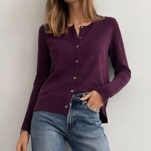 Melissa Paige Deep Purple Cardigan Women's Crewneck Button-Front 3/4 Sleeve